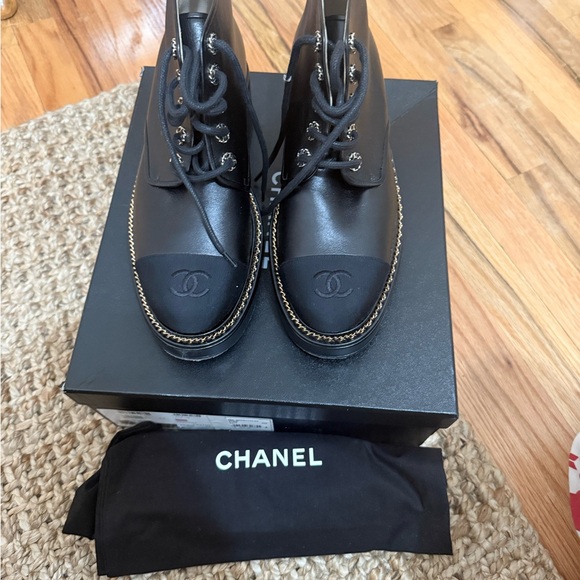 CHANEL Black Leather Boots with Gold Stitching - Picture 2 of 7